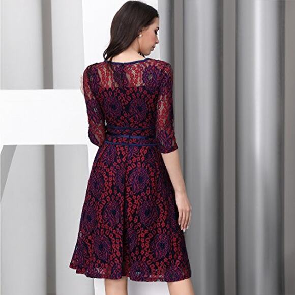 MIUSOL Maroon Navy 3/4 Lace Fit and Flare Dress // S - Picture 2 of 15